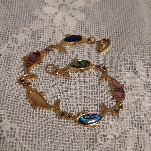 Womans Rainbow Abalone Gold Tone Dolphin Bracelet 8.5" Long - Picture 5 of 9